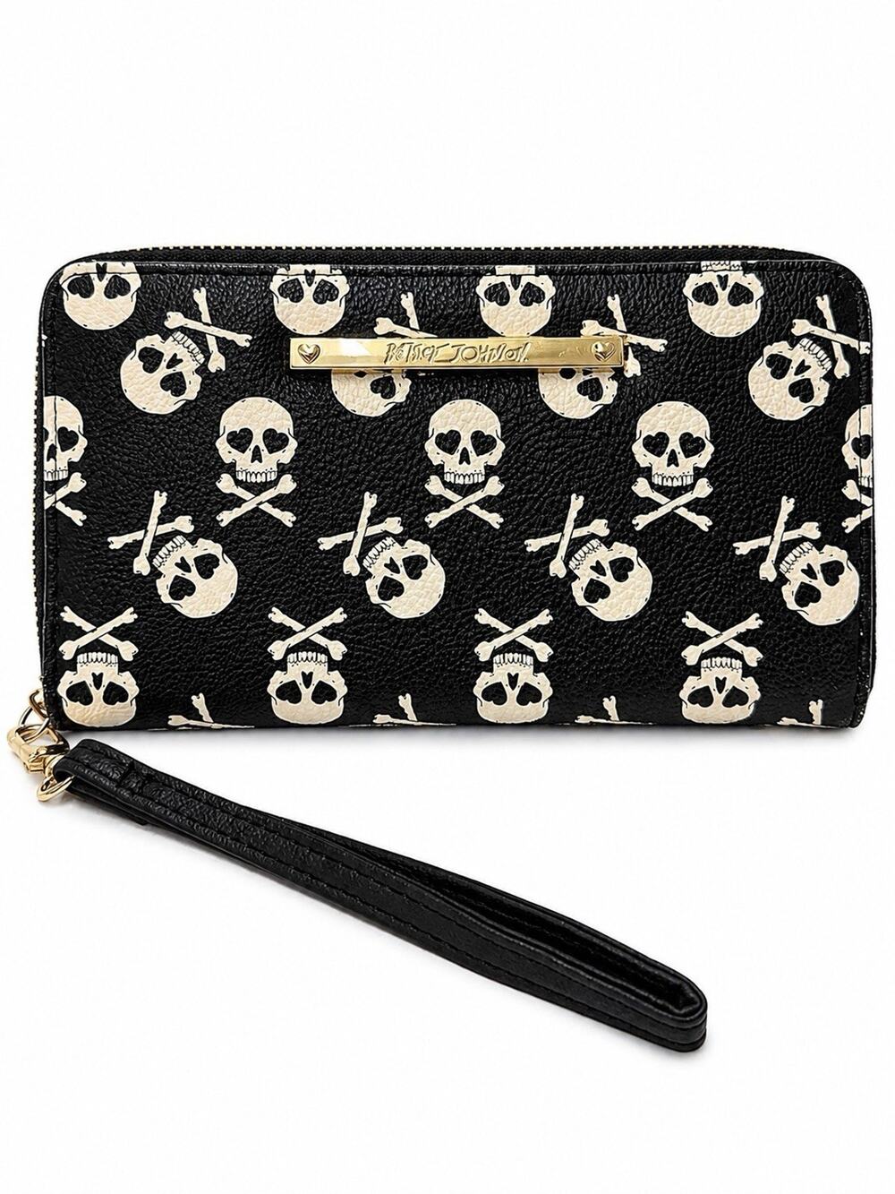 Betsey Johnson Skull Crossbones Wallet Black Gold Zip Around Wristlet